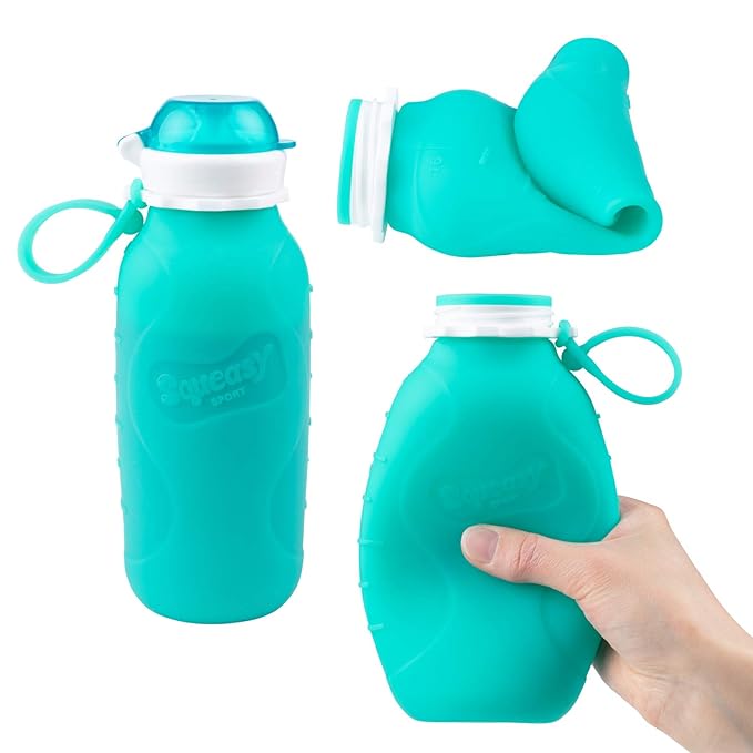 Squeasy Snacker Aqua 16 oz Spill Proof Silicone Reusable Food Pouch - For Both Soft Foods and Liquids - Water, Apple Sauce, Yogurt, Smoothies, Baby Food - Dishwasher Safe