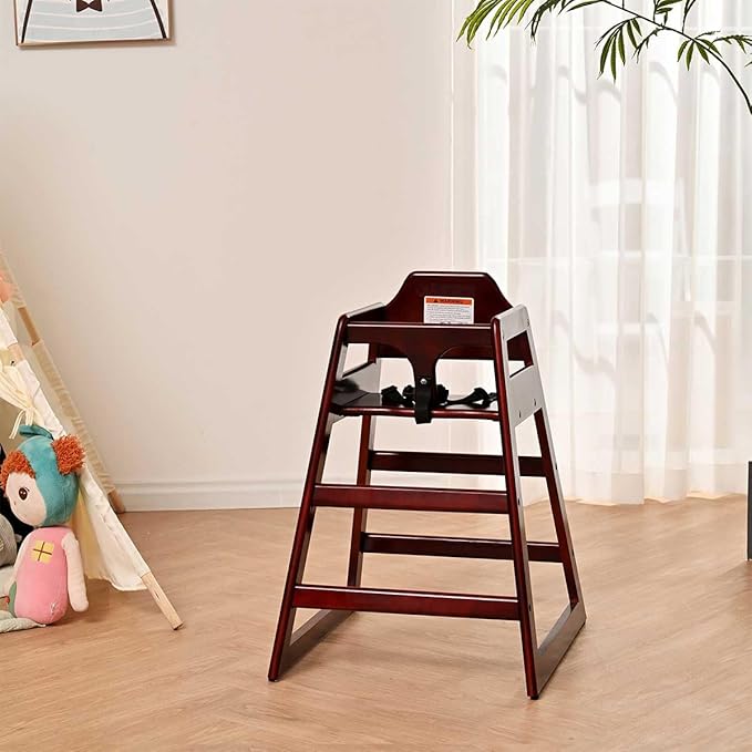 LZMS Wooden Highchair for Babies & Toddlers - Skin-Friendly,Rounded Edges,Safety Belt,Stackable,Reinforced Frame Baby Seat | Natural Finish Dining Chair for Little Ones（Color: Mahogany）