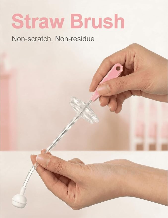 5 in 1 Baby Bottle Brush Set, Bottle Cleaner, 2Pcs Bottle Brush with Stand, 2 Hidden Nipple Brush, 2 Straw Brush, 1 Lid Brush, Nylon Bottles Brush Cleaner for Baby Bottle, BPA-Free(Pink)