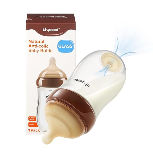 Thyseed Anti-Colic Glass Baby Bottle for Breastfed Infants, Paced Feeding, Breast-Like Newborn Medium Fast Flow Nipple (3m+), 8 oz, 1 Pack