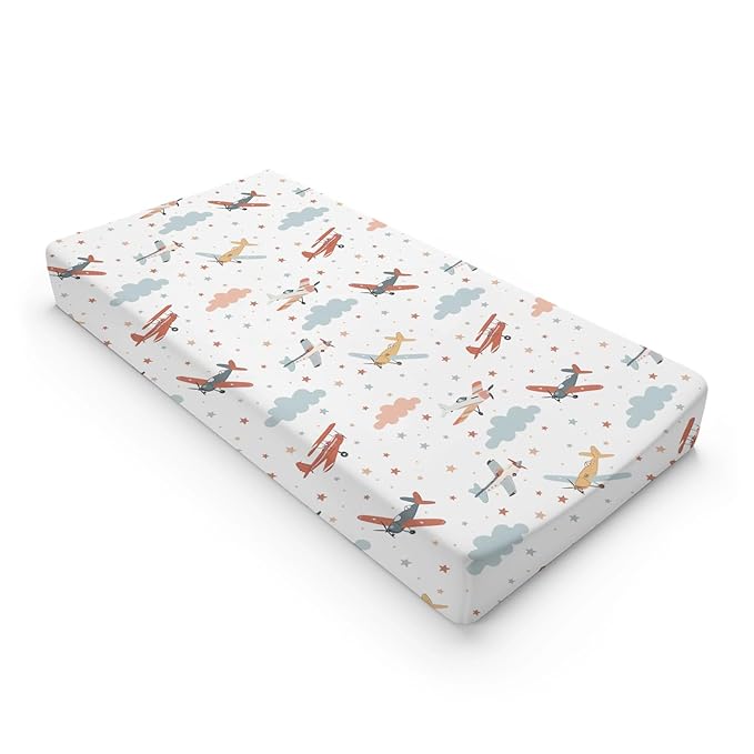 Cartoon Colorful Plane Clouds Stars Pattern Baby Changing Pad Cover, Unisex Plane Nursery Diaper Changing Table Pad Mat Sheet for Boys Girls-16x32