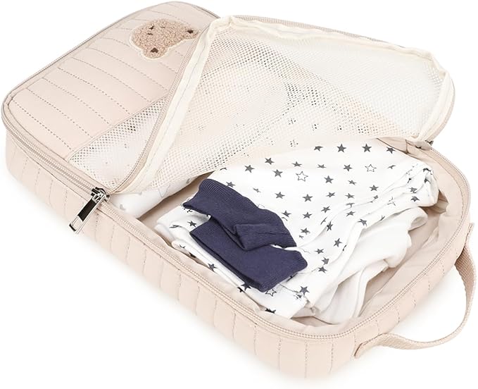 MOMIGO Baby Diaper Bag Organizer Pouches - 2 Pack Waterproof Pod Hanging Diaper Bag Cute Rabbit Bear Mesh Bag Reusable, Washable or Baby Cloth Diapers (Khaki)