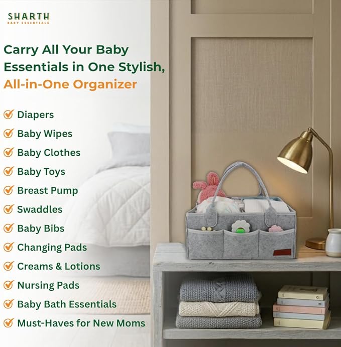 Sharth Baby Diaper Caddy Organizer with Handle, Baby Shower Gifts Basket Bag, Registry Search Must Haves Items, Nursery Storage Organizer for Newborn Girl Boy, Car Diaper Caddy (Gray)