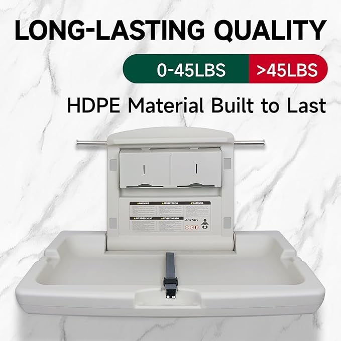 anydry Baby Changing Station Wall-Mounted, Foldable Diaper Changing Table with Safety Straps for Commercial Bathroom, in Elegant Grayish White