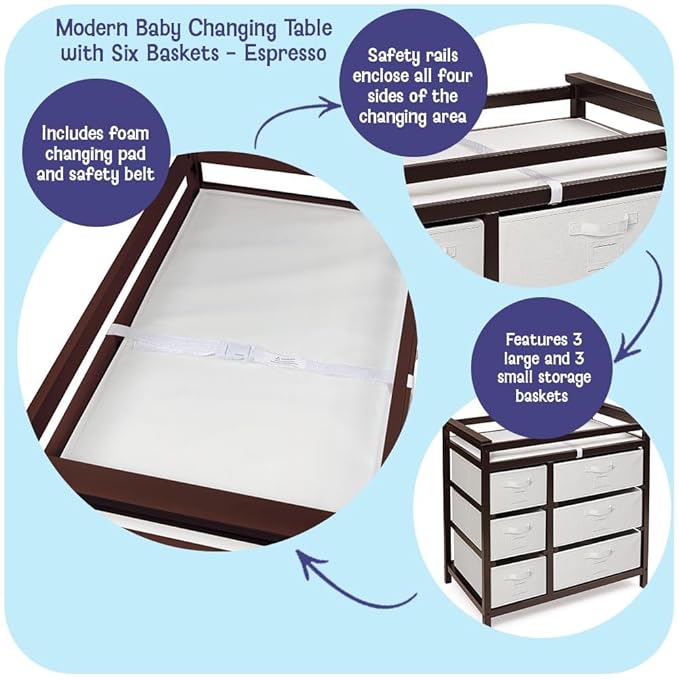 Badger Basket Modern Baby Changing Table with 6 Storage Drawers and Pad, Diaper Change Station - Espresso