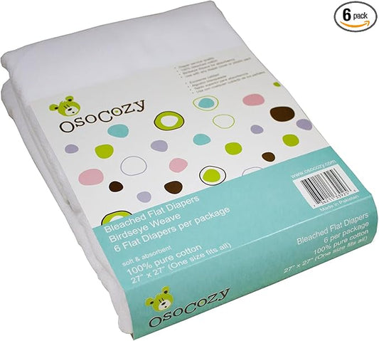 OsoCozy Bleached Birdseye Flat Cloth Diapers (6 Pack) - 27 x 27 Inches, One-Layer Flat Cloth Baby Nappies Made of Soft, Durable 100% Birdseye Weave Cotton…