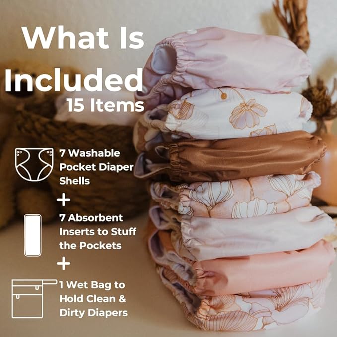 Nora's Nursery Cloth Diapers 7 Pack with 7 Inserts & 1 Wet Bag - Waterproof Cover, Washable, Reusable & One Size Adjustable Pocket Diapers for Newborns and Toddlers - Magnolia