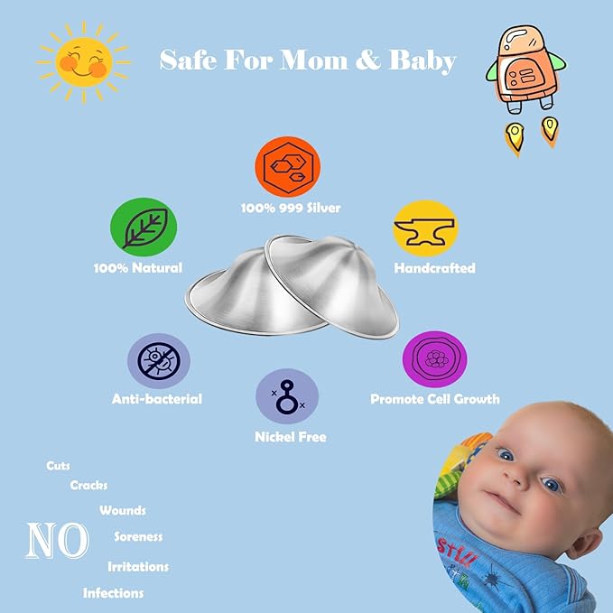 The Original Silver Nursing Cups - Nipple Shields for Nursing Newborn -Breastfeeding Essentials - Protect and Soothe - 925 Silver - Standard Size