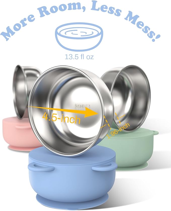Bakpoco Baby Suction Bowls with Lids 4-Pack, 2-in-1 Stainless Steel 304 Toddler Bowl & Removable Silicone Suction Kids Bowl Plate Set Non Toxic Snack Dishes for Self-Feeding, Sunrise Meadow