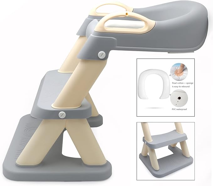 XKMT- Grey Toddler Potty Training Seat Ladder Wider Step Toilet Chair Infant Kid Bathroom Trainer