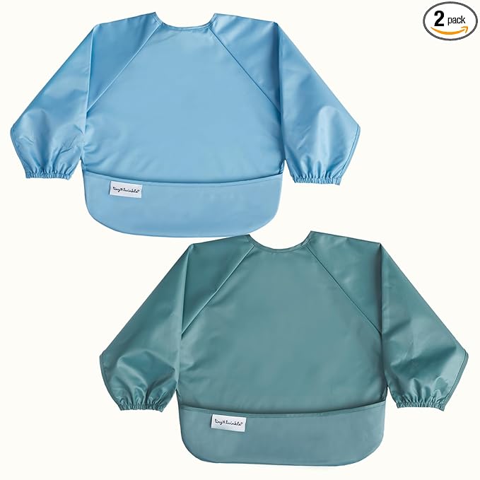 Tiny Twinkle Long Sleeve Bib for Babies & Toddlers | 2-Pack Waterproof Smock Bib for Eating | Machine Washable & Mess-Proof Feeding Essentials | Newborn Shower Gift (Slate Olive,2-4Y)