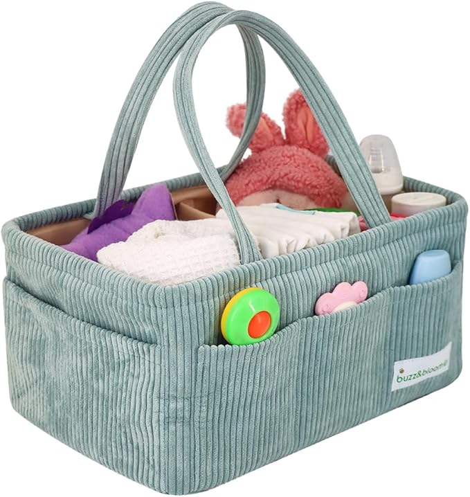 Buzz&Bloom Baby Diaper Caddy Organizer, Stylish Storage Basket for Newborn Essentials and Diaper Station, Gift for Baby Shower and Registry Must-Have (Sage)