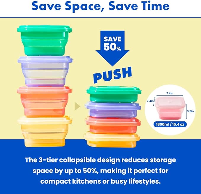 PushLock Collapsible Food Storage Container&Smart Cooking Steam Tray, Space-Saving, Platinum Silicone, Microwave&Freezer&Dishwasher Safe, for Cooking&Leftovers, BPA-Free, 60oz per Unit (PINK&RED)