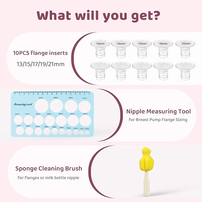 Flange Sizing Kit 3-in-1 with 13/15/17/19/21mm for 24mm Electric Breast Pump Flanges/Shields, 10PCS Soft Silicone Flange Inserts for More Comfortable Pumping, BPA-Free, Essential for Moms