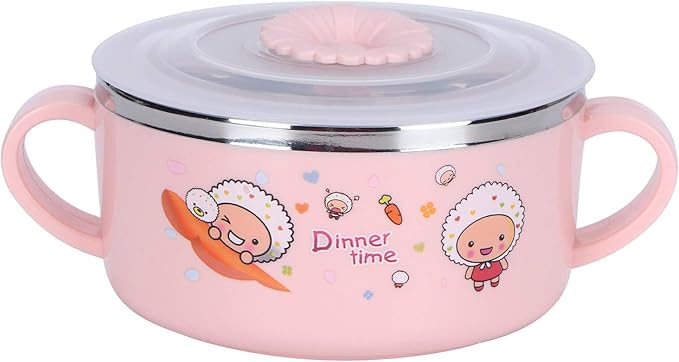 Zerodis 304 Stainless Steel Toddler Bowl with Double Layer Heat Insulation, Cartoon Design, Lid and Handles - Feeding Tableware