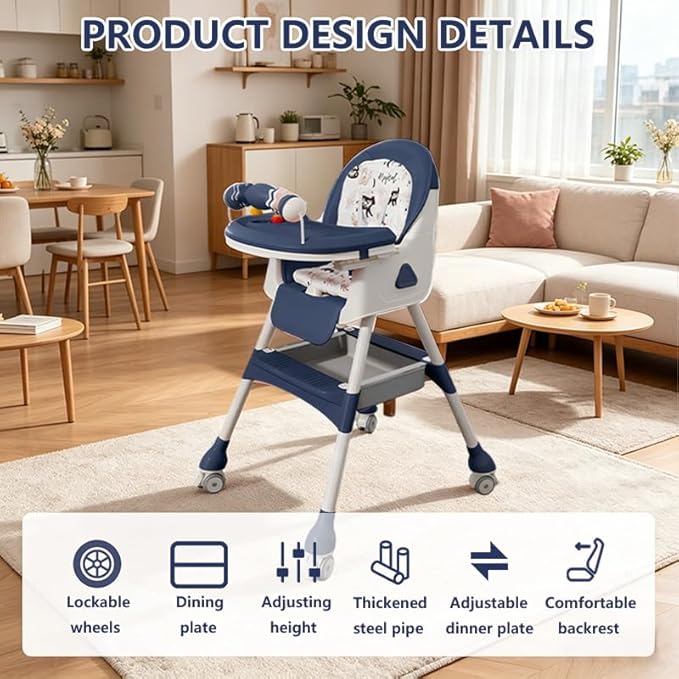 Portable Baby High Chair for Babies & Toddlers, Easy-Clean Multi-Use Feeding Chair with Lockable Wheels & Toy Storage Basket-Blue