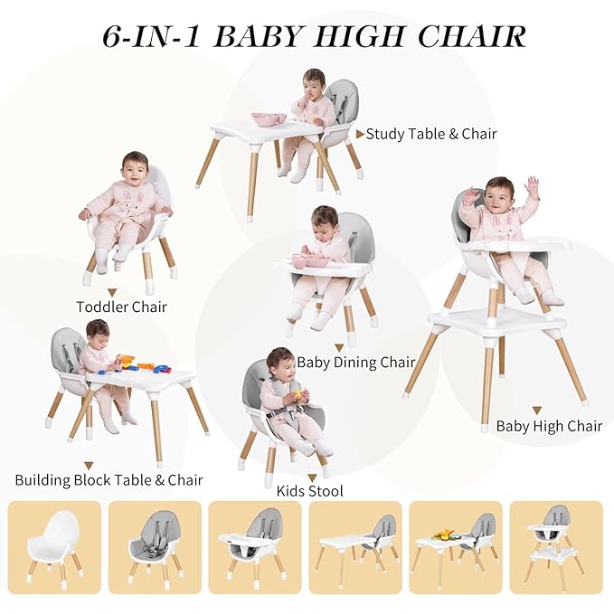 6 in 1 High Chair for Babies & Toddlers, Convertible Wooden Baby Highchair, Table and Chair Set, Baby Feeding Chair, 5-Point Adjustable Harness/4-Position Removable Tray& PU Seat Cushion(Grey)