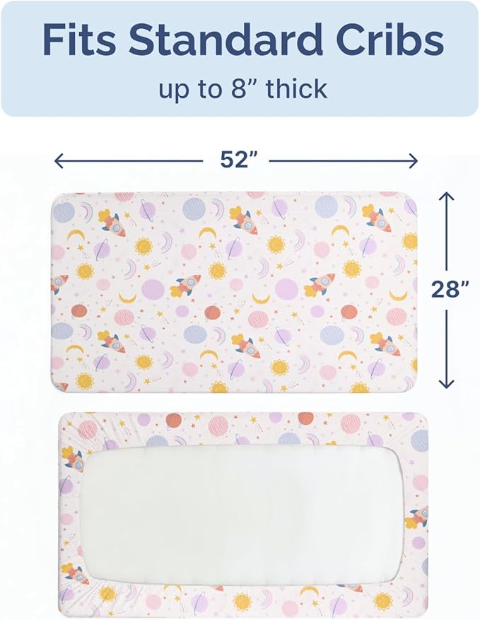 Baby Crib Sheets for Boys & Girls - Pack of 2 Fitted Microfiber Crib Sheets for Standard Crib & Toddler Mattress - Soft, Breathable & Wrinkle Free - Machine Washable, Oeko Tex - 52x28x8in - Space Girl