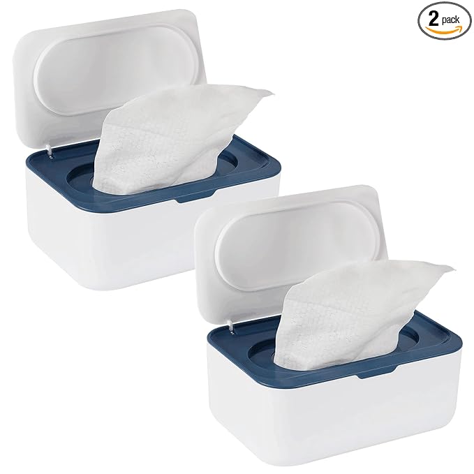 Flenpptly 2 Pack Baby Wipes Dispenser, Wipes Case Baby Wipe Holder Keeps Wipes Fresh, Non-Slip, Easy Open & Close (2 Pack Blue)