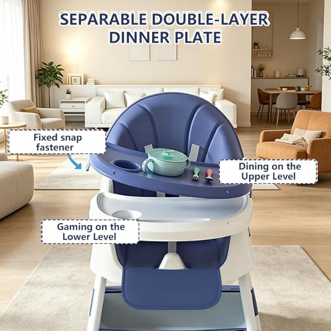 4-in-1 Baby High Chair for Babies & Toddlers, Foldable High Chair with Detachable PU Cushion, Removable Tray, Adjustable Height, Locking Wheels,Blue
