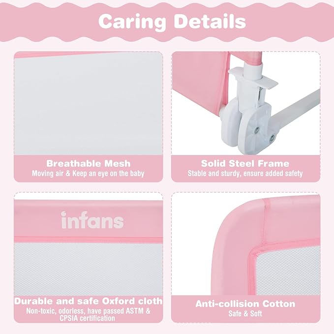 INFANS Bed Rail for Toddlers, 58" Foldable Safety Baby Crib Rail Fit for Kids Twin, Extra Long Swing Down Bed Guardrail for Convertible Crib, Queen, Full, King Mattress Side Guard (Pink)