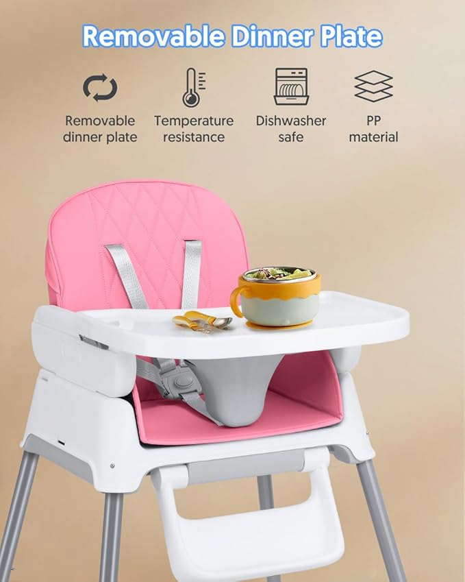 3-in-1 Baby High Chair, Adjustable Convertible Infant Baby Feeding Chair Booster for Eating with Detachable Tray, 5-Point Harness, Pink