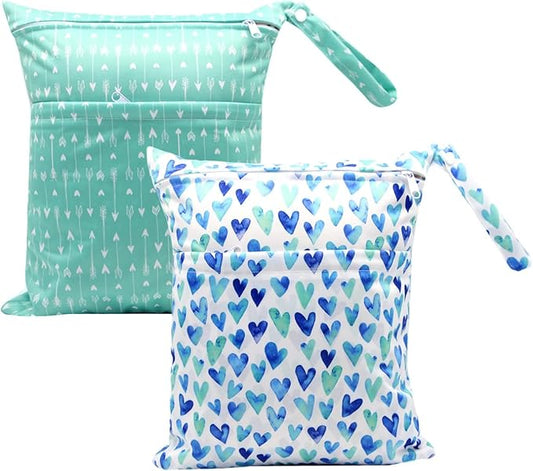 2pcs Cloth Diaper Wet Dry Bags Waterproof Reusable with Two Zippered Pockets Stroller Travel Beach Pool Daycare Soiled Baby Item Yoga Gym Bag for Swimsuits or Wet Clothes-Green Hearts