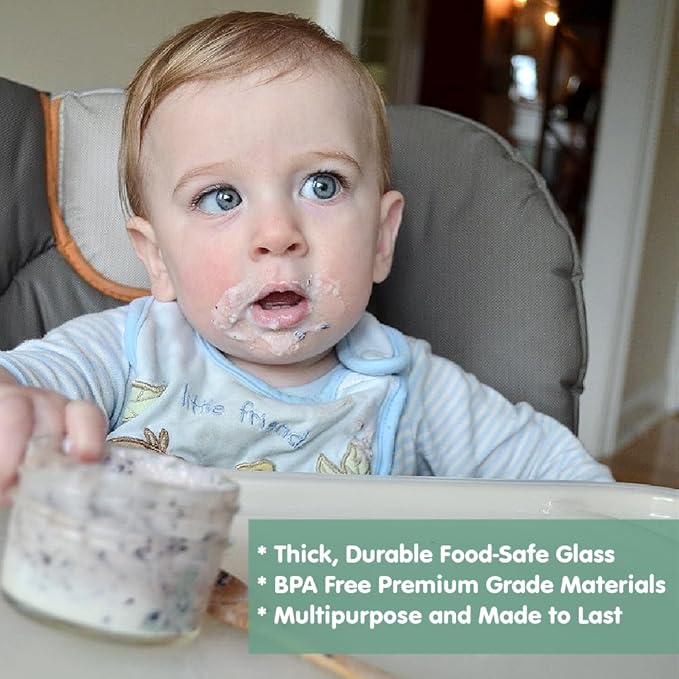 Sage Spoonfuls -12 Pack, 4 oz Baby Food Jars, Glass Baby Food Containers with Lids - Freezer Storage, Leakproof, Reusable Small Glass Baby Food Containers, Microwave & Dishwasher Friendly