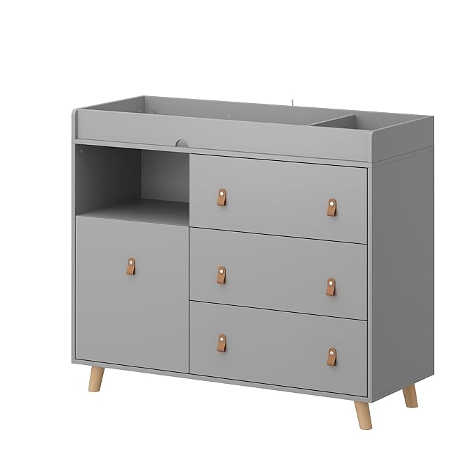 Changing Table Dresser, Baby Nursery Dresser with 3 Drawers and Shelf, Top Guardrail and Large Storage Cabinet, Hidden Trash Storage, Baby Changing Dressers for Nursery Room, Gray