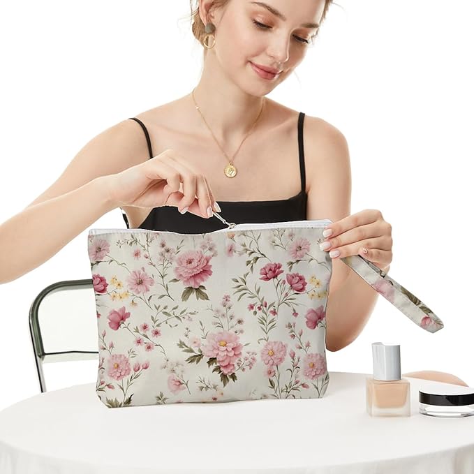 Fokongna Floral Print Wet Bag, Small Portable Waterproof Multi-Functional Organizer for Women, Cream Background Pink Floral, Ideal for Daily, Beach & Travel