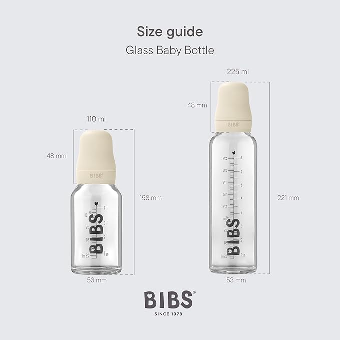 Bibs Baby Glass Bottle | Newborn Anti-Colic Baby Bottles | Borosilicate Glass with a Natural Vented Round Natural Rubber Latex Nipple | Consistent Flow Rate | 3.7 oz/110 ml | 2 Pack | Ivory/Sage