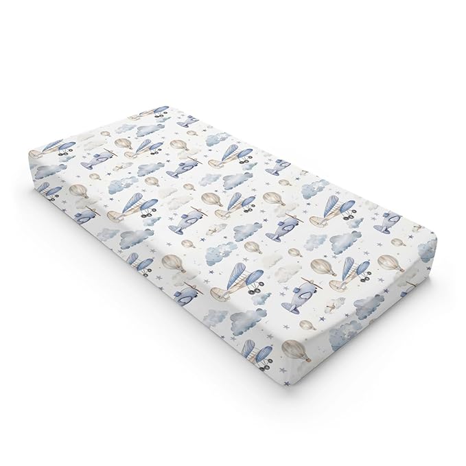 Plane Hot Air Balloon Transportation Pattern Baby Changing Pad Cover, Unisex Aircraft Clouds Stars Nursery Diaper Changing Table Pad Mat Sheet for Boys Girls-16x32