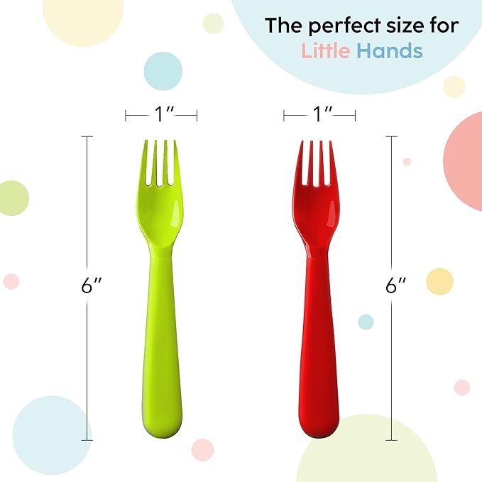 Plaskidy Plastic Toddler Forks - Set of 16 BPA Free/Dishwasher Safe Kids Utensils Brightly Colored Flatware Great for Kids