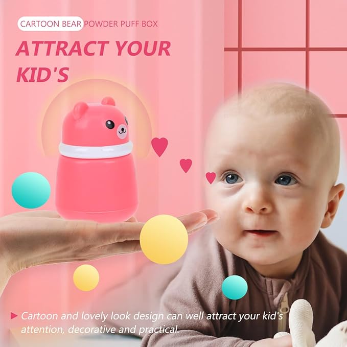 FOMIYES Cartoon Bears Baby Powders Puff Box, Pink Large-Capacity Powder Container with Sponge Puff, Safe and Gentle Design for Baby'S Skin, Portable for Home and Travel Use