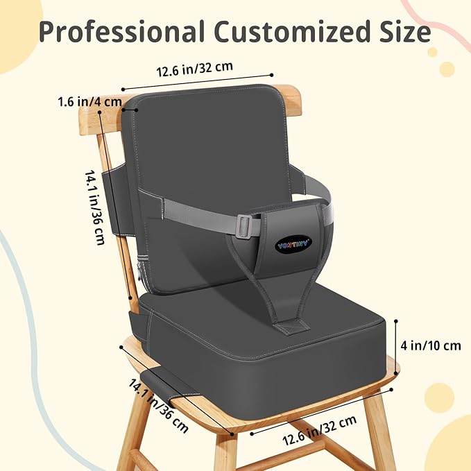 Toddler Booster Seat for Kitchen Chair with Removable Backrest & Adjustable Straps, PU Portable Waterproof & Non-Slip Booster Seat for Dining Table, Travel Child Eating Cushion - Dark Grey