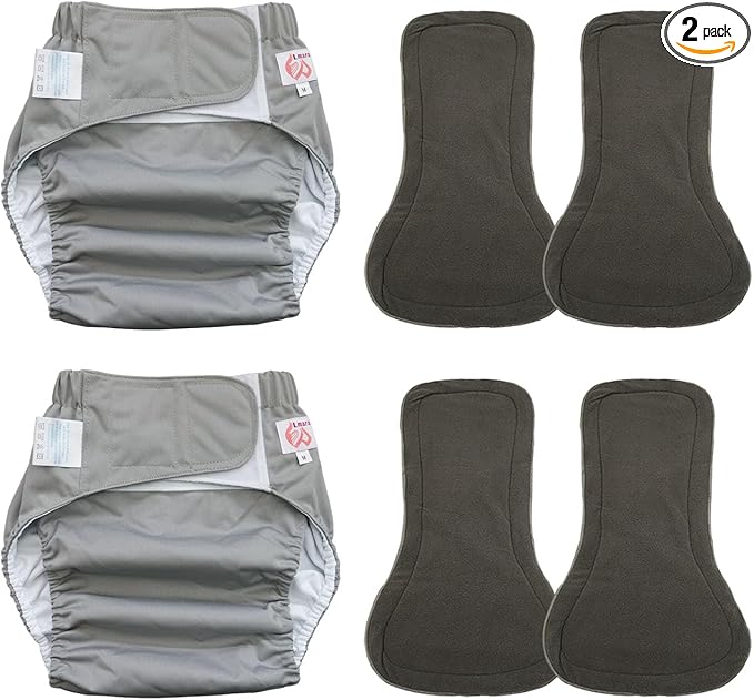 2 Pack Adult Cloth Diapers with 4 Diaper Inserts, Washable Reusable Adult Diaper Cover Elderly Incontinence Protection Nappies Underwear Adult Diaper for Women Man, Waist 39.4-53.2” (Gray XL)
