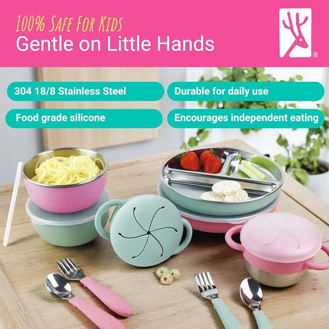 Elk and Friends Kids Stainless Steel Mealtime Bundle | Plates, Bowls, Snack Cups + Toddler Utensils | Silicone Sleeves + Travel Storage Lids | For Meals + Snacks | Dishwasher Safe