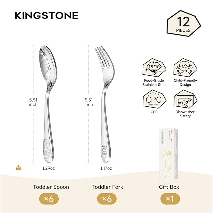 KINGSTONE Toddler Utensils Set, 12-Piece Small Forks & Spoons, 18/10 Stainless Steel, Ergonomic Self-Feeding Children’s Flatware for Home & Preschool, Honey Bear Print