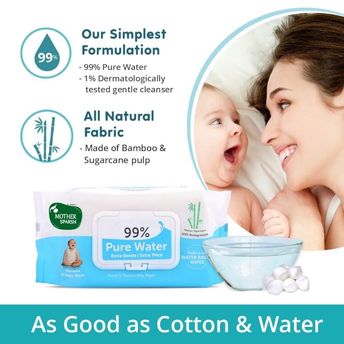 Mother Sparsh 99% Pure Water (Unscented) Baby Wipes (72 Unscented Baby Wipes) - Super Thick Fabric