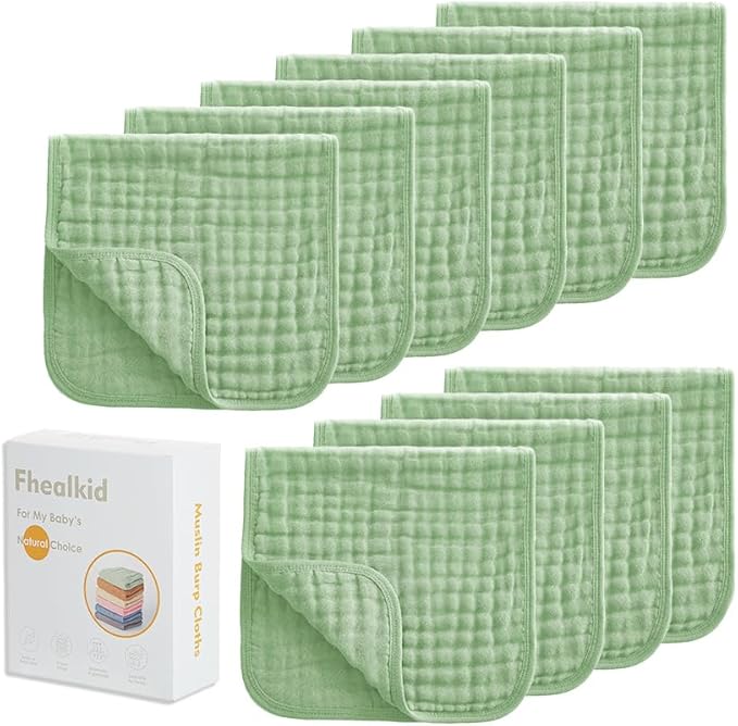 Muslin Burp Cloths Sets Newborn Baby Boy Essentials Must Haves 100% Cotton 10 Pack 20" X 10",6-Layer Baby Bibs & Burp Cloths for Baby Drool and Messes - Soft (GREEN06, 10 - Pack 20"X10")