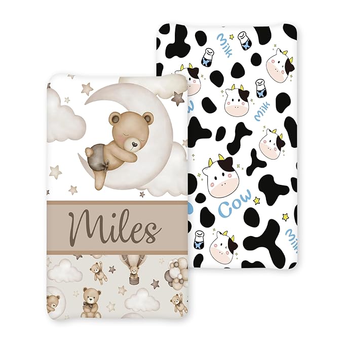 Custom Name Changing Pad Cover - 2 Piece Customizable Brown Bear Changing Pad Cover - Cotton Toddler Baby Pee Pad for Diaper Changing Table Nursery Protector