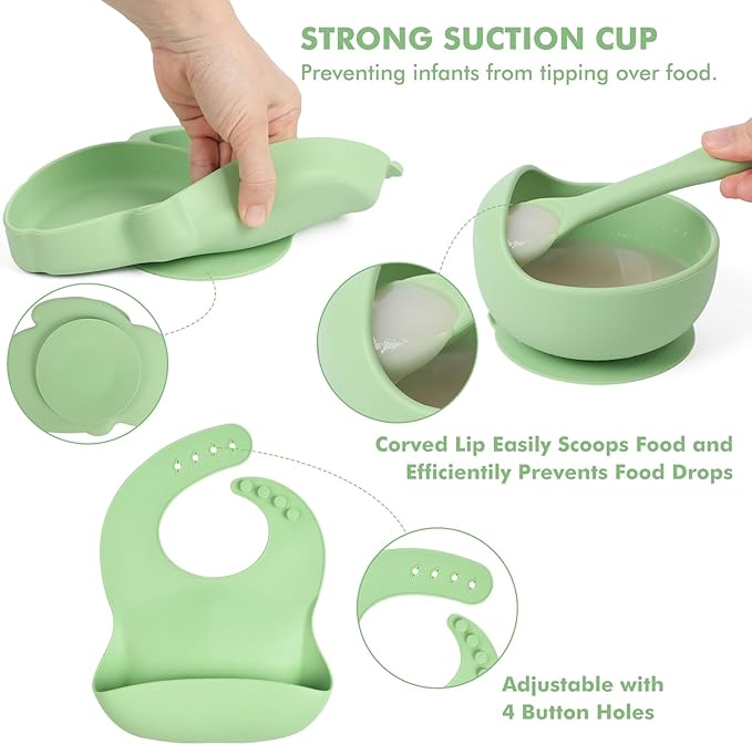 Silicone Baby Feeding Set 15 Pcs，Baby Spoons Suction Bowl Divided Plate Bib Cup Finger Brush Training cups,Baby Led Weaning Supplies（green）