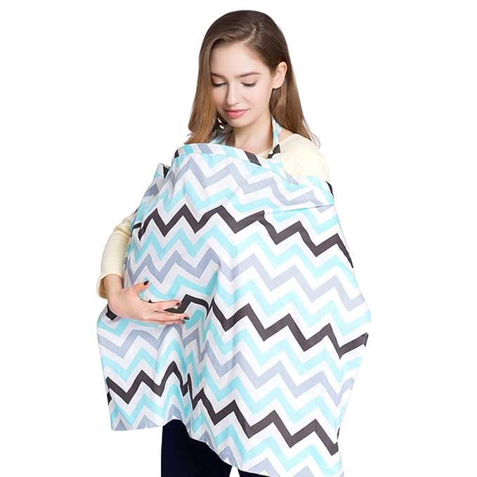 SONARIN Stripes Premium Breastfeeding Nursing Covers,4 in 1 Multifunction,with Storage Bag & Towel Corners,Nursing Scarf,Breathable & Lightweight(Blue & Grey)