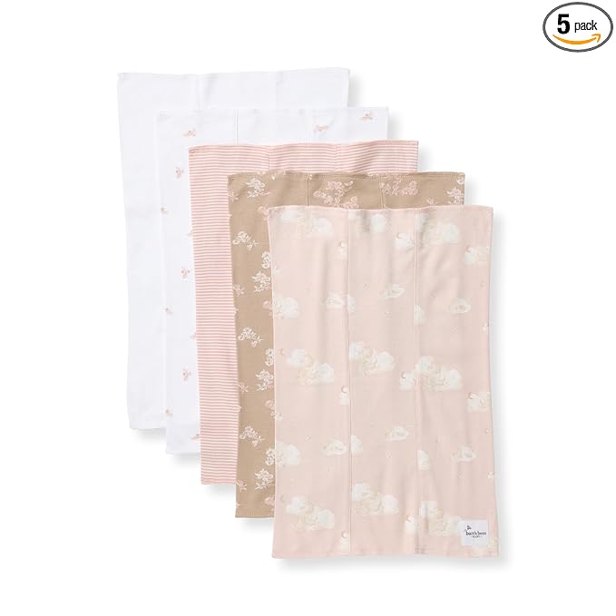 Burts Bees Baby Infant Burp Cloths, 100% Organic Cotton Extra Absorbent Soft Fabric Drool Cloths, 5-Pack Newborn Must-Have Essential Large Burping Cloths, One Size 17 x 11.75 Inches