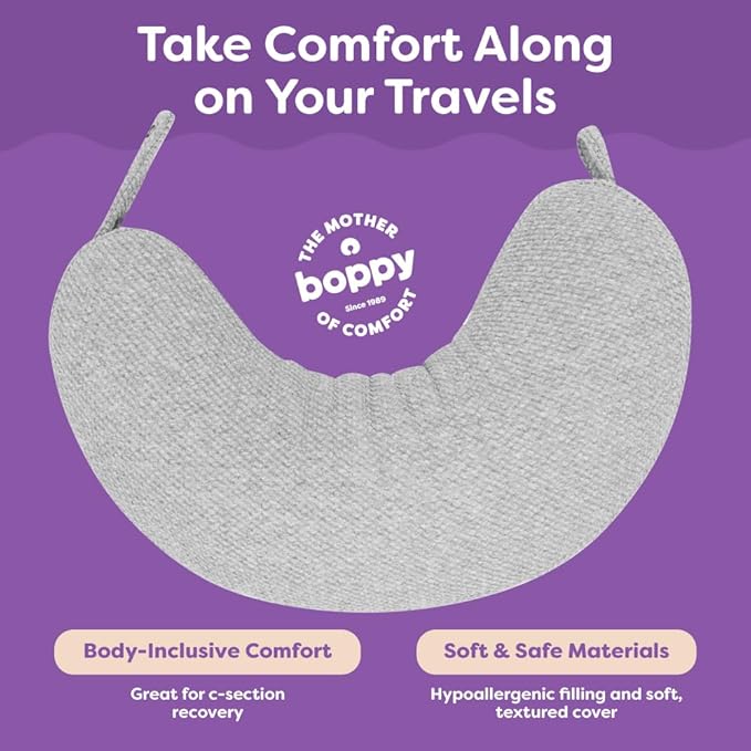 Boppy Anywhere Travel Nursing Pillow - Compact, Ergonomic Bottle & Breastfeeding Pillow with Snap & Loop Hanging Closure and Firm Hypoallergenic Fill, Baby Safety Alliance Verified