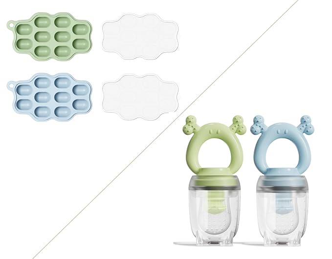 Baby Food Freezer Tray & Fruit Feeder Set – 2 Pack Silicone Baby Food Storage Trays + 2 Fresh Food Feeders for Infant Teething & Self Feeding – Popsicle Mold for Breastmilk, Purees, Blue & Green
