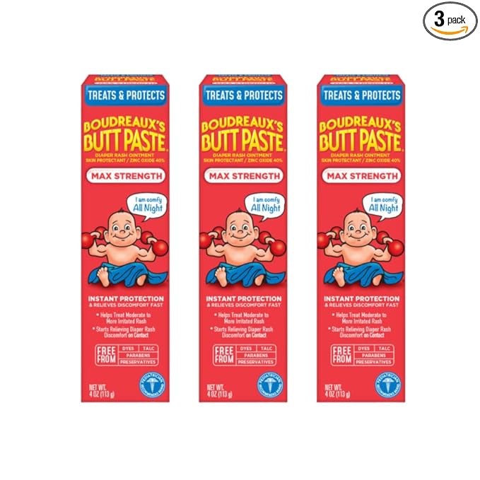 Boudreaux's Butt Paste Maximum Strength Diaper Rash Cream, Ointment for Baby, 4 oz. Tube, (Pack of 3)