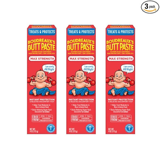 Boudreaux's Butt Paste Maximum Strength Diaper Rash Cream, Ointment for Baby, 4 oz. Tube, (Pack of 3)