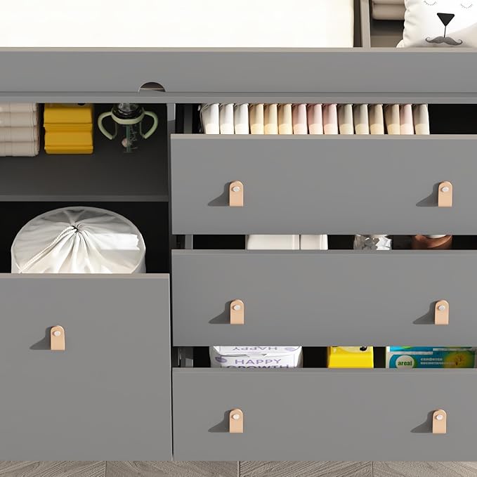 Baby Dresser with Changing Table Top, 4 Drawers Nursery Dresser with Removable Guard, Infant Diaper Changing Station Baby Cloth Organizer for Nursery and Kids Bedroom, Grey - 44.9" W