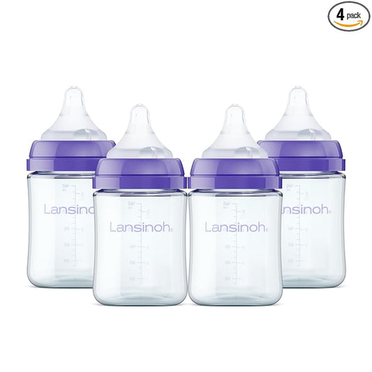 Lansinoh Anti-Colic Glass Baby Bottles, 5 Ounces, 4 Count, Includes 4 Extra Slow Flow Nipples (Size XS, Newborn), Baby Essentials